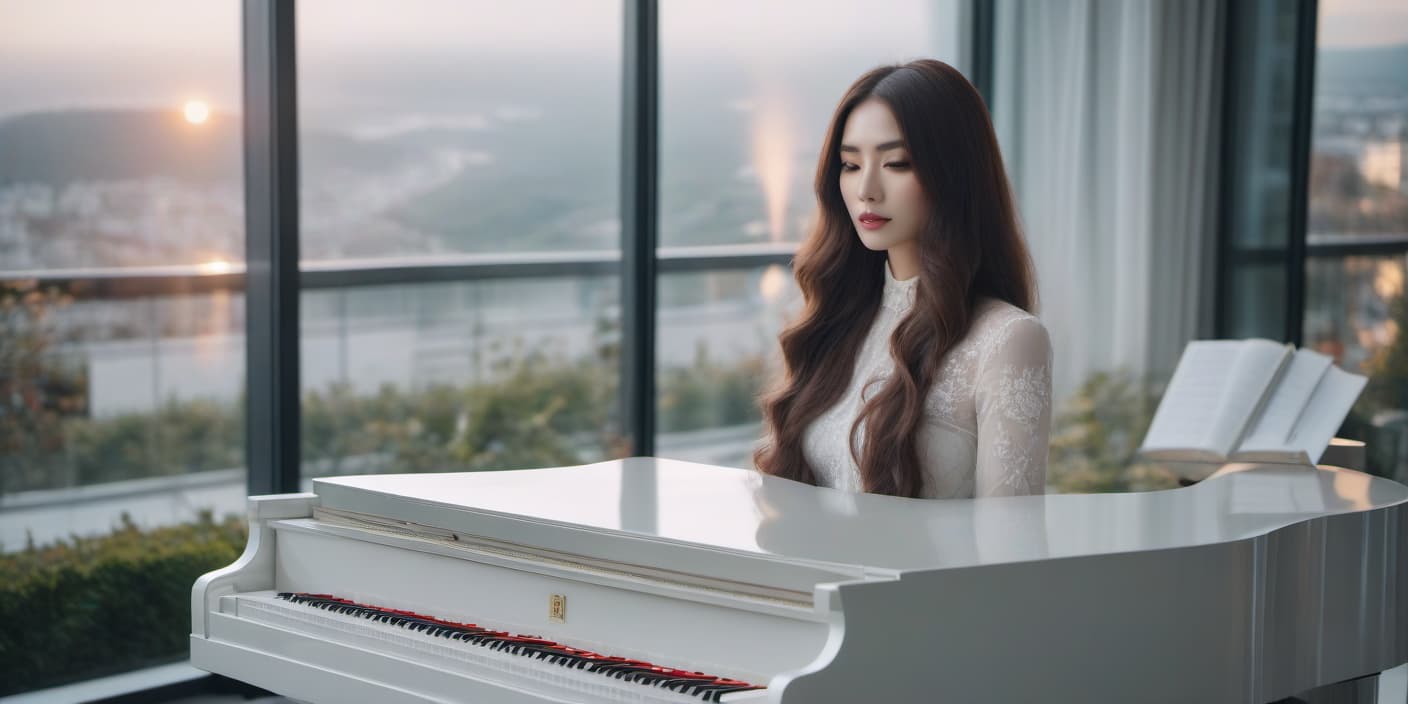  A long haired girl plays on a white piano against a panoramic window backdrop. hyperrealistic, full body, detailed clothing, highly detailed, cinematic lighting, stunningly beautiful, intricate, sharp focus, f/1. 8, 85mm, (centered image composition), (professionally color graded), ((bright soft diffused light)), volumetric fog, trending on instagram, trending on tumblr, HDR 4K, 8K