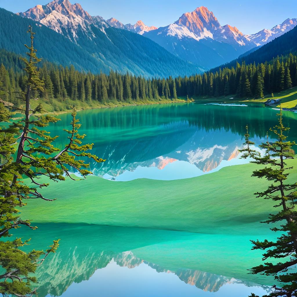  as a painting, Convey the serene majesty of towering mountains reflected in the crystal-clear waters of a tranquil alpine lake, using your unique artistic vision to evoke a sense of awe and tranquility.