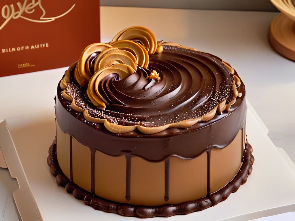  A closeup, ultradetailed image of a delicate, intricate swirl of caramel being expertly drizzled over a perfectly smooth and glossy chocolate mousse cake. The caramel forms elegant loops and swirls, glistening under soft lighting to highlight its golden hue against the rich, dark chocolate backdrop. Every curve and line is meticulously crafted, showcasing the artistry and precision involved in dessert presentation. hyperrealistic, full body, detailed clothing, highly detailed, cinematic lighting, stunningly beautiful, intricate, sharp focus, f/1. 8, 85mm, (centered image composition), (professionally color graded), ((bright soft diffused light)), volumetric fog, trending on instagram, trending on tumblr, HDR 4K, 8K