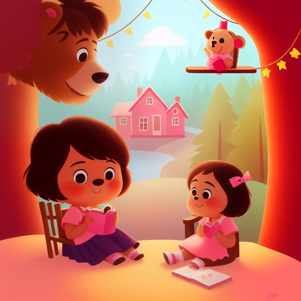  (a girl with brown short hair and pink dress) is sitting on the chair, in the cabin, (a bear)