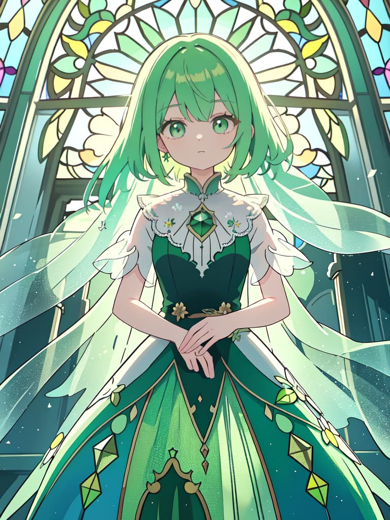  Green hair character stained glass, masterpiece, best quality,8k,ultra detailed,high resolution,an extremely delicate and beautiful,hyper detail