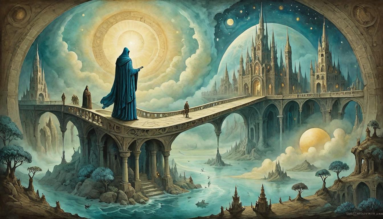  on parchment, surrealism+++, Beyond the veil: existential horizon, Chosen one gazes into the expanse, where spirit transcends matter, Ethereal bridges link worlds unseen, melding of dimensions, threshold of understanding, resonant depth(mysterious, provocative, symbolic,muted color)+++