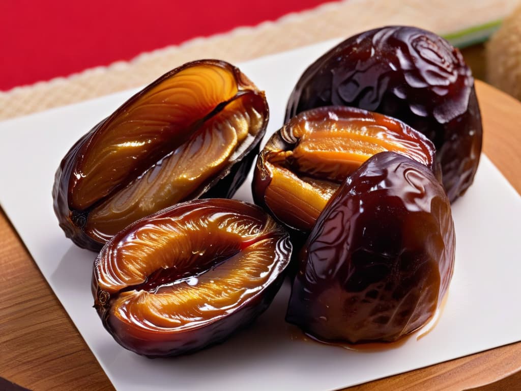  A closeup, ultradetailed image of a medjool date split in half, showcasing its rich, caramellike texture, glossy surface, and glistening, plump interior filled with natural sugars. The intricate details of the date's wrinkled skin and the golden hues of the flesh create a visually stunning and mouthwatering composition that perfectly complements the article's focus on using dates as a natural sweetener in healthy recipes. hyperrealistic, full body, detailed clothing, highly detailed, cinematic lighting, stunningly beautiful, intricate, sharp focus, f/1. 8, 85mm, (centered image composition), (professionally color graded), ((bright soft diffused light)), volumetric fog, trending on instagram, trending on tumblr, HDR 4K, 8K