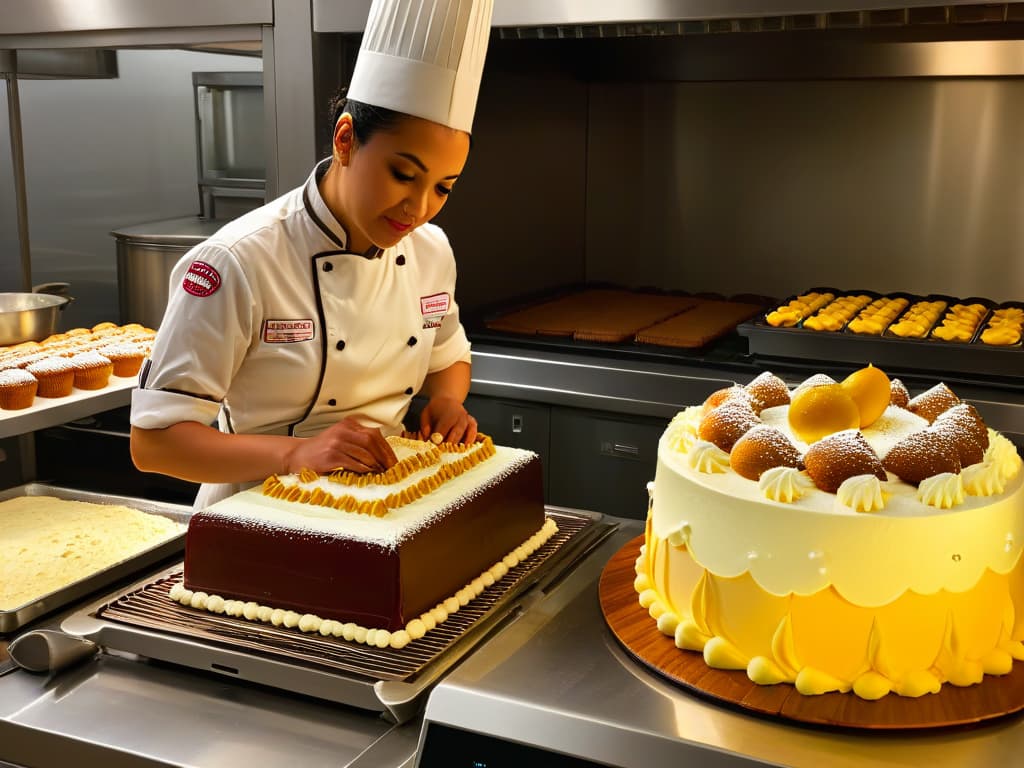  A photorealistic image of a skilled pastry chef in a bustling kitchen, surrounded by vintage baking equipment, meticulously crafting an elaborate and innovative cake design. The chef's focused expression conveys determination and resilience, embodying the spirit of adaptation and creativity in the face of challenging times. The warm glow of the oven illuminates the scene, adding a sense of hope and warmth to the image. hyperrealistic, full body, detailed clothing, highly detailed, cinematic lighting, stunningly beautiful, intricate, sharp focus, f/1. 8, 85mm, (centered image composition), (professionally color graded), ((bright soft diffused light)), volumetric fog, trending on instagram, trending on tumblr, HDR 4K, 8K