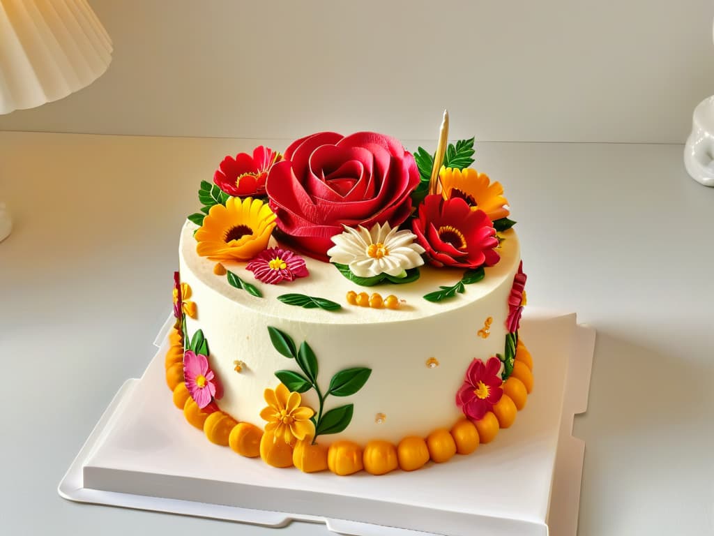  A minimalist, highresolution image of a beautifully decorated birthday cake with intricate floral designs, vibrant colors, and a variety of cultural symbols from around the world subtly incorporated into the decoration. The cake sits on a simple, elegant white cake stand against a soft, blurred background, highlighting the intricate details and craftsmanship of the confection. hyperrealistic, full body, detailed clothing, highly detailed, cinematic lighting, stunningly beautiful, intricate, sharp focus, f/1. 8, 85mm, (centered image composition), (professionally color graded), ((bright soft diffused light)), volumetric fog, trending on instagram, trending on tumblr, HDR 4K, 8K