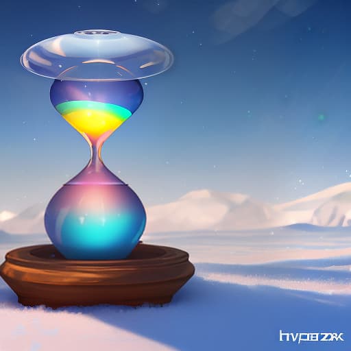  (Fancy hourglass). clock design: wooden carved case lacquered. Bowls of transparent glass. Inside the top bowl of the clock the rising sun is displayed. Around the sun is a blue sky and white, golden pink clouds. (Inside the lower bowl of the clock): night, dark blue sky with a bright yellow month with a silvery cast. Beneath the sky are mountains covered with blue white snow, shimmering with different colours of the rainbow. Background: gradient: in the lower part of the background the structure of sand. In the upper part of the background perispherical clouds in the blue sky. Style: romantic fantasy. hyperrealistic, full body, detailed clothing, highly detailed, cinematic lighting, stunningly beautiful, intricate, sharp focus, f/1. 8, 85mm, (centered image composition), (professionally color graded), ((bright soft diffused light)), volumetric fog, trending on instagram, trending on tumblr, HDR 4K, 8K