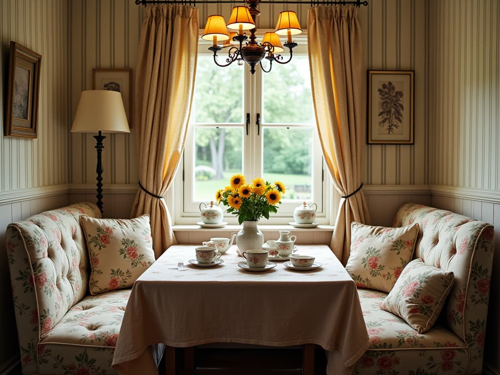  this hyperrealistic, unedited 8k photograph captures a cozy breakfast nook within an english country style home. styled after anson smart and taken from the perspective of someone in the room, the image showcases traditional furnishings and floral patterns characteristic of countryside charm. the intricate details are enhanced by professional color grading and bright, soft diffused chiaroscuro lighting, evoking a nostalgic style inspired by past decades. the walls feature a traditional peruvian striped pattern, blending seamlessly with the dense, stunningly beautiful furnishings. shot with a polaroid sx70 on polaroid 600 film through a 35mm f2 wide angle lens, this masterpiece exemplifies photorealistic artistry and intricate design.