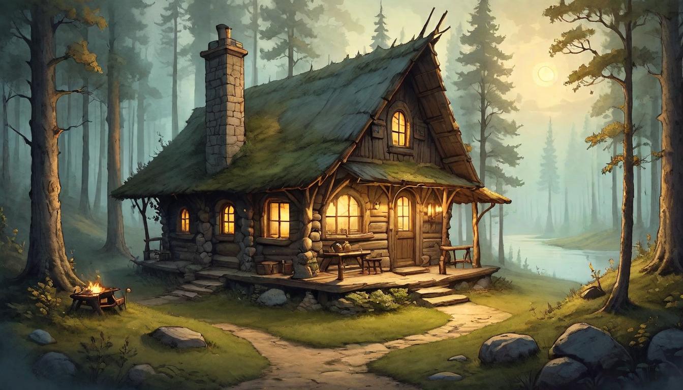  on parchment, surrealism+++, A modest cabin nestled in a forest clearing, its small, cozy interior lit by the warm glow of a hearth. Humble abode, sanctuary in nature, warmth and contentment, simplicity personified, retreat into simplicity.(mysterious, provocative, symbolic,muted color)+++