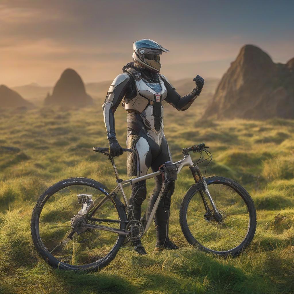  a photograph of a group of beautiful people, taken on bicycles, from bionic cyborg implants, standing on a strange distant planet, looks like a macro photograph, the grass is taller hyperrealistic, full body, detailed clothing, highly detailed, cinematic lighting, stunningly beautiful, intricate, sharp focus, f/1. 8, 85mm, (centered image composition), (professionally color graded), ((bright soft diffused light)), volumetric fog, trending on instagram, trending on tumblr, HDR 4K, 8K