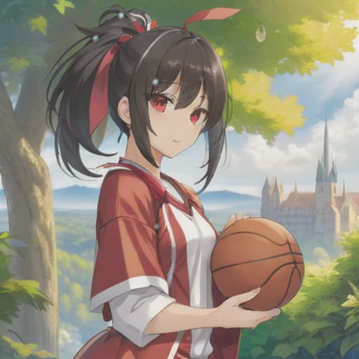  anime girl black hair bright dark brown eyes red and white basketball uniform with the number 18 and the name Nicky white and black shoes Have your hair in a medium high ponytail with two strands on the sides of your ears, have a basketball and look full body Pastel Palette, Da Vinci's Dreams, Picasso's , Sunrise Splendors, Floral Fantasy, Mystical Moonscapes, Urban Nature, Crystal Clear, Cinematic hyperrealistic, full body, detailed clothing, highly detailed, cinematic lighting, stunningly beautiful, intricate, sharp focus, f/1. 8, 85mm, (centered image composition), (professionally color graded), ((bright soft diffused light)), volumetric fog, trending on instagram, trending on tumblr, HDR 4K, 8K