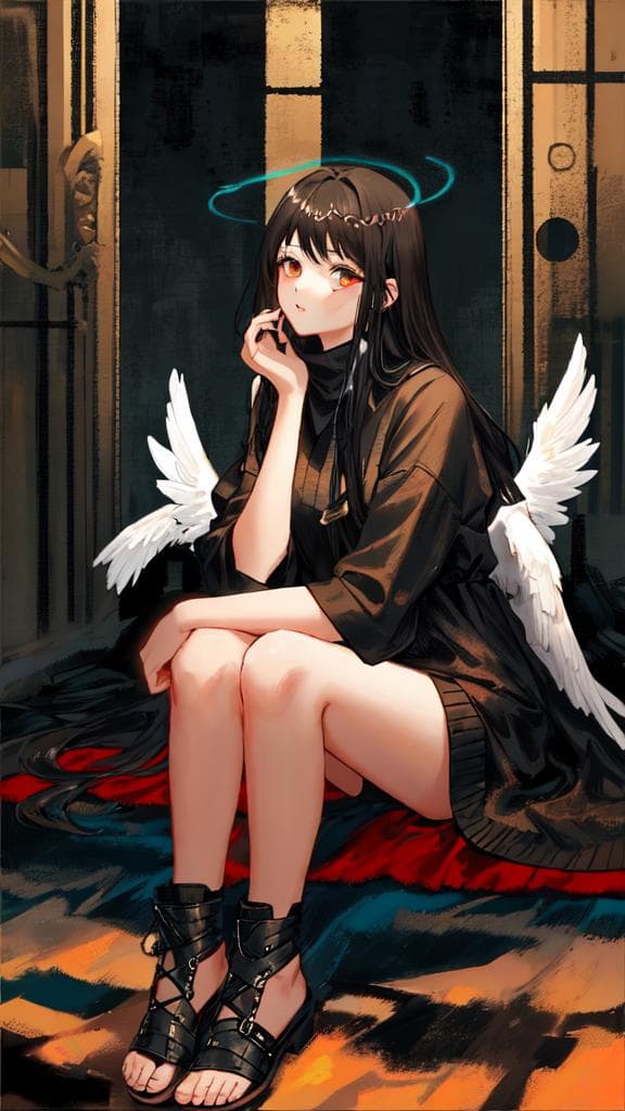 (****), 1girl, black hair, angel of death, innocent, brown eyes, diadem, angel wings, black clothes, full body, arms behind back, sky, halo, post apocalypse,
