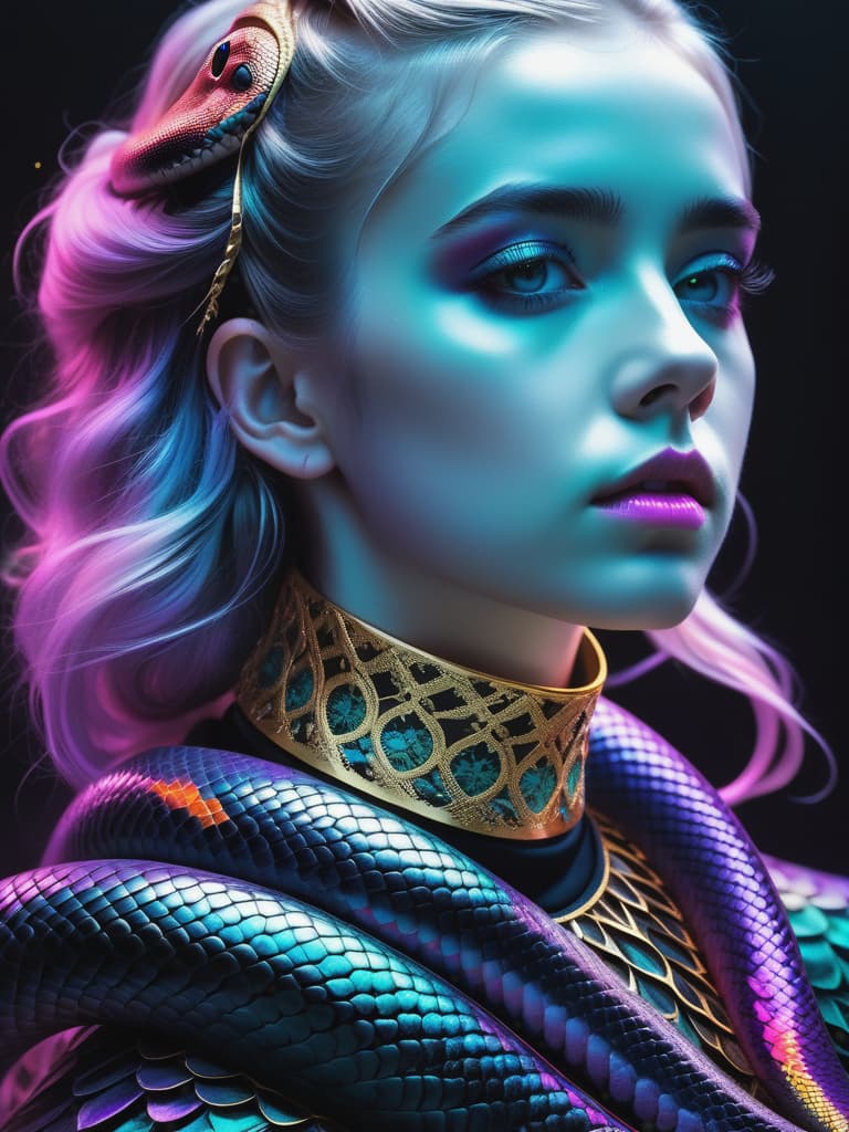  actual 8K portrait photo of gareth person, photo RAW, (Black, petrol, lilac and neon turquoise pink : Portrait of ghostly big black snake, woman, collar, (shiny aura, highly detailed, gold filigree, intricate motifs, organic tracery:1.5), Kiernan Shipka, Januz Miralles, Hikari Shimoda, glowing stardust by W. Zelmer, perfect composition, smooth, sharp focus, sparkling particles, lively coral reef background Realistic, realism, hd, 35mm photograph, 8k), masterpiece, award winning photography, natural light, perfect composition, high detail, hyper realisticsymmetrical, soft lighting, detailed face, by makoto shinkai, stanley artgerm lau, wlop, rossdraws, concept art, digital painting, looking into camera hyperrealistic, full body, detailed clothing, highly detailed, cinematic lighting, stunningly beautiful, intricate, sharp focus, f/1. 8, 85mm, (centered image composition), (professionally color graded), ((bright soft diffused light)), volumetric fog, trending on instagram, trending on tumblr, HDR 4K, 8K