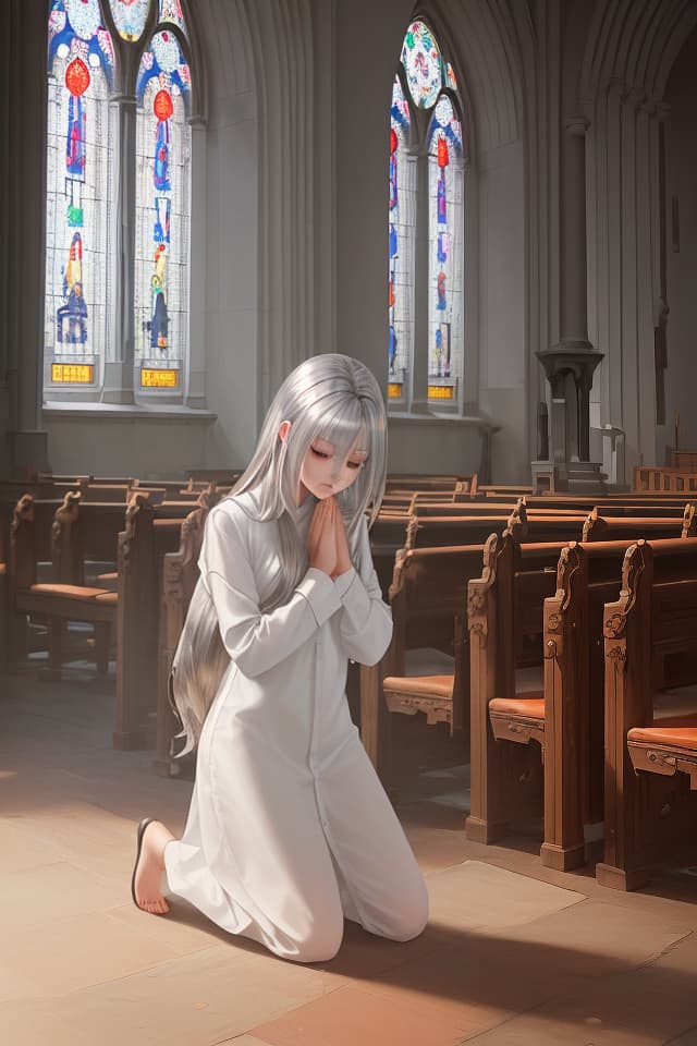  (Young woman with long silver hair)(in simple shirt dress)(back view)(praying in church)(kneeling back view)(inside church)Masterpiece,high quality,8K