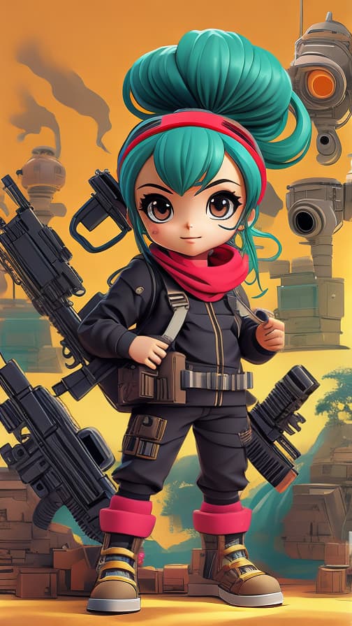  Combat, full body, full outfit, chibi character, holding a machine gun, hair, ponytail, , cute.