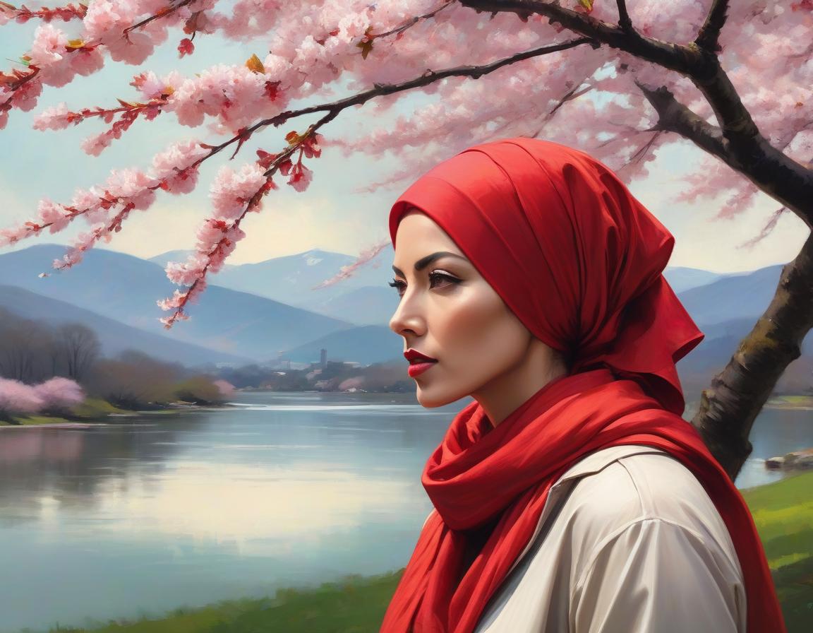  abstract expressionist painting A digital art portrait of a woman with a red headscarf, cherry blossoms in her hair, and serene landscape in the background. . energetic brushwork, bold colors, abstract forms, expressive, emotional hyperrealistic, full body, detailed clothing, highly detailed, cinematic lighting, stunningly beautiful, intricate, sharp focus, f/1. 8, 85mm, (centered image composition), (professionally color graded), ((bright soft diffused light)), volumetric fog, trending on instagram, trending on tumblr, HDR 4K, 8K