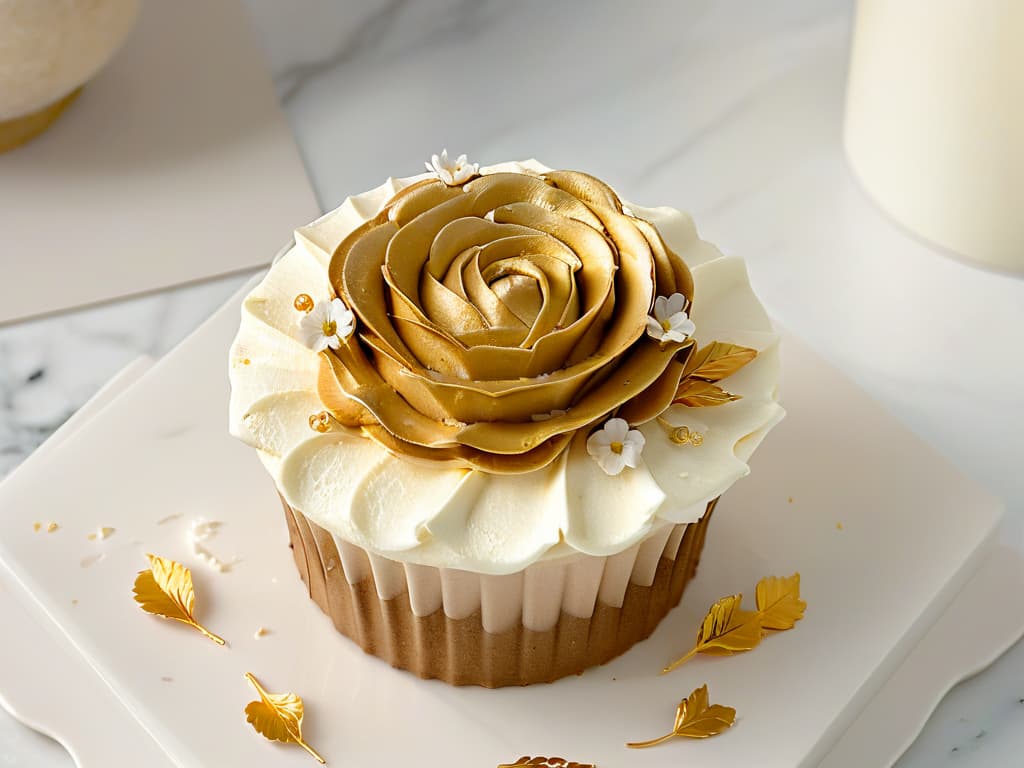  A detailed closeup image of a beautifully decorated cupcake with intricate frosting swirls, delicate edible flowers, and shimmering gold leaf accents, all displayed on a sleek, modern white marble countertop. The cupcake is positioned offcenter, creating a visually dynamic composition that highlights the artistry and precision of pastry decoration. The soft, natural lighting enhances the subtle shadows and highlights, adding depth and dimension to the image. hyperrealistic, full body, detailed clothing, highly detailed, cinematic lighting, stunningly beautiful, intricate, sharp focus, f/1. 8, 85mm, (centered image composition), (professionally color graded), ((bright soft diffused light)), volumetric fog, trending on instagram, trending on tumblr, HDR 4K, 8K