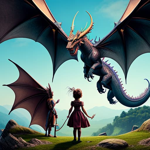  Big dragons on a hill and fantasy with a small girl standing