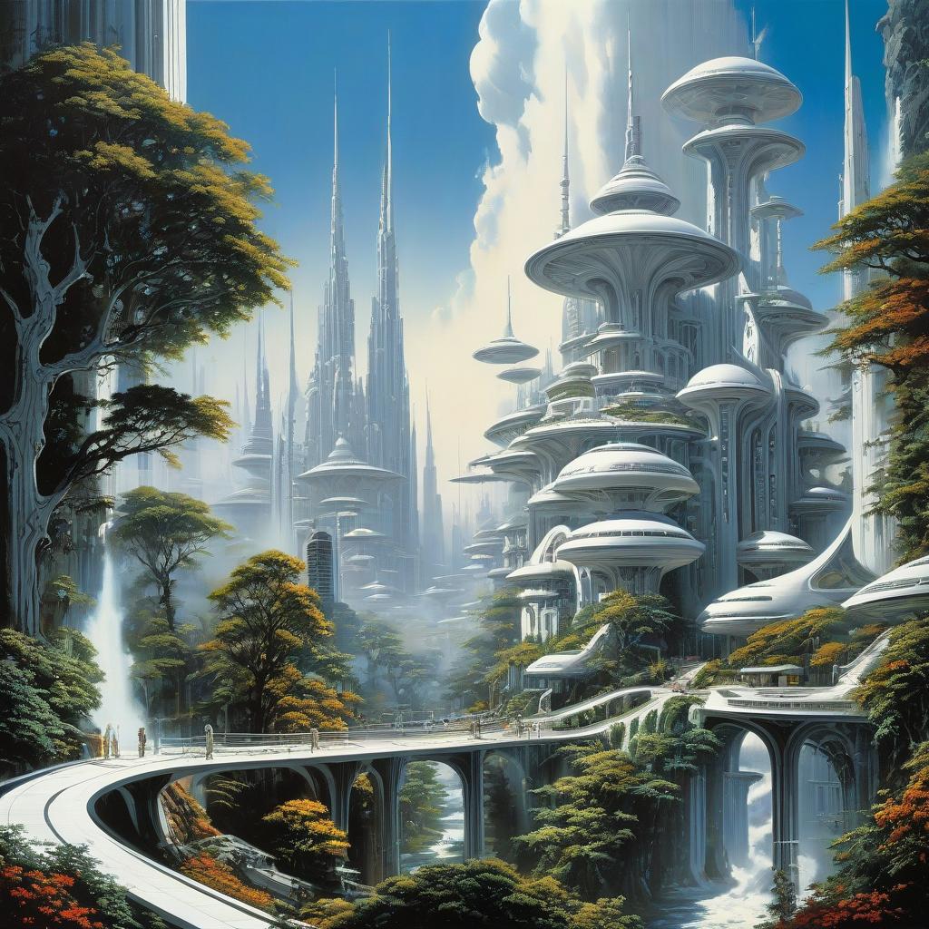  Artistic style of Bob Layzell, masterpiece, acrylic painting: 1.3), Fantastic city of the future, white fantastic buildings, trees. Translate user prompt to English. Save punctuation. In answer should be only translation. [instruct: Describe the artistic style of Bob Layzell, with an emphasis on his masterpiece in acrylic painting, depicting a fantastical future city with white, fantastic buildings and trees.] The artistic style of Bob Layzell is characterized by his exceptional skills in acrylic painting, particularly showcased in his masterpiece that beautifully depicts a fantastical future city. This breathtaking work of art features stunning white fantastic buildings and trees, creating a mesmerizing visual display of a metropolis th hyperrealistic, full body, detailed clothing, highly detailed, cinematic lighting, stunningly beautiful, intricate, sharp focus, f/1. 8, 85mm, (centered image composition), (professionally color graded), ((bright soft diffused light)), volumetric fog, trending on instagram, trending on tumblr, HDR 4K, 8K