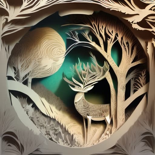 mdjrny-pprct mdjrny-pprct ,A silhouette of a forest at dusk, with layers of different shades of green paper creating a sense of depth, and a family of deer emerging from the paper-cut bushes, 8k,best quality