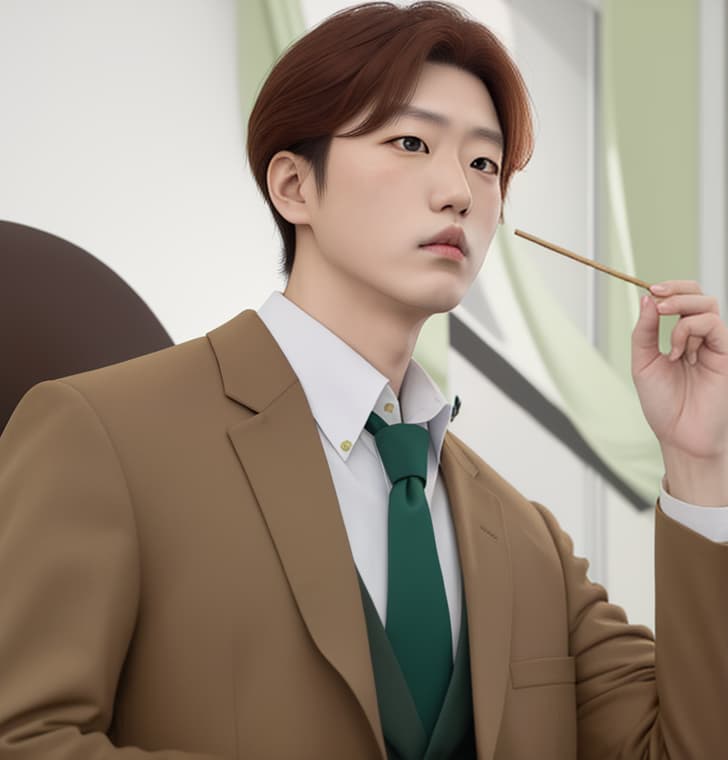  masterpiece, best quality, turn Kusakabe Atsuya into a real life person, he wears a light brown color coat, dark green tie, and white shirt. he has a fiery spikey reddish brown hair, he looks very bored and tired.he is holding an already eaten lollipop stick on his left hand.