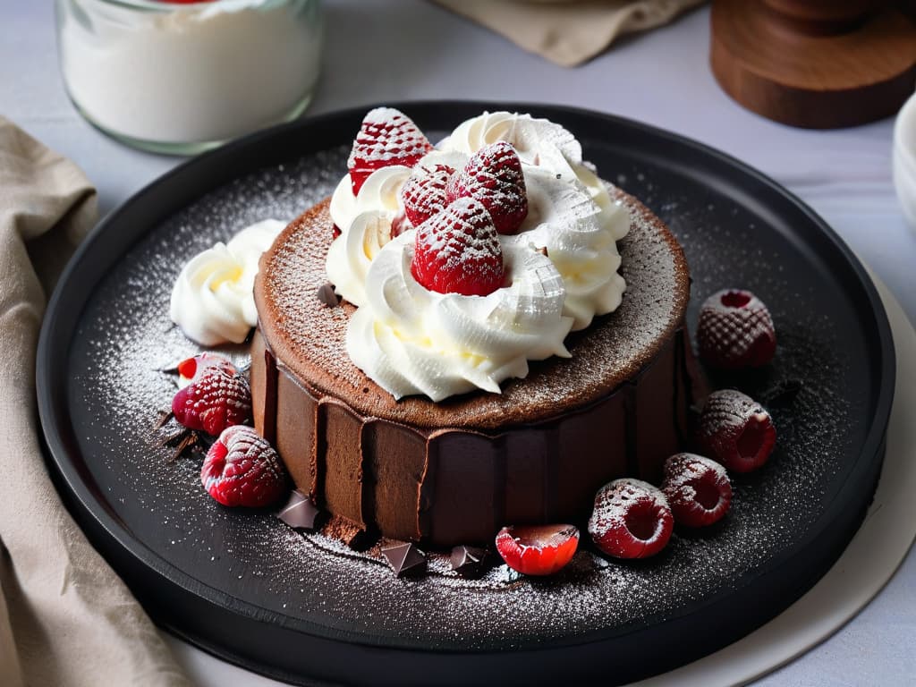  A luxurious keto chocolate lava cake topped with a dollop of whipped cream, surrounded by fresh raspberries and a dusting of cocoa powder, set on a sleek black plate against a minimalistic white background. The warm, gooey center of the cake oozes out invitingly, creating a mouthwatering and indulgent visual treat that perfectly complements the theme of irresistible lowcarb keto desserts. hyperrealistic, full body, detailed clothing, highly detailed, cinematic lighting, stunningly beautiful, intricate, sharp focus, f/1. 8, 85mm, (centered image composition), (professionally color graded), ((bright soft diffused light)), volumetric fog, trending on instagram, trending on tumblr, HDR 4K, 8K