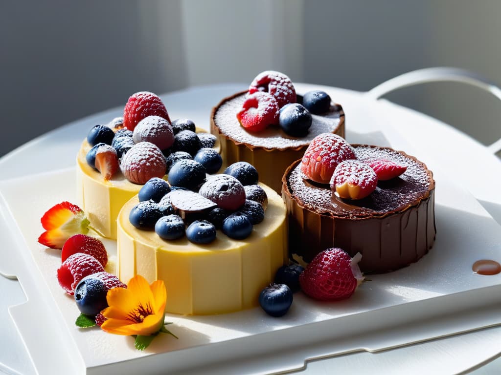  An ultrahighresolution image of a sleek, modern kitchen with marble countertops, stainless steel appliances, and a minimalist display of gourmet tarts on a pristine white platter. The tarts are meticulously decorated with vibrant berries, delicate edible flowers, and drizzles of rich chocolate, showcasing the artistry and precision of gourmet pastry techniques. The soft natural light streaming through a large window highlights the intricate details and textures of the exquisite desserts, evoking a sense of elegance and sophistication. hyperrealistic, full body, detailed clothing, highly detailed, cinematic lighting, stunningly beautiful, intricate, sharp focus, f/1. 8, 85mm, (centered image composition), (professionally color graded), ((bright soft diffused light)), volumetric fog, trending on instagram, trending on tumblr, HDR 4K, 8K