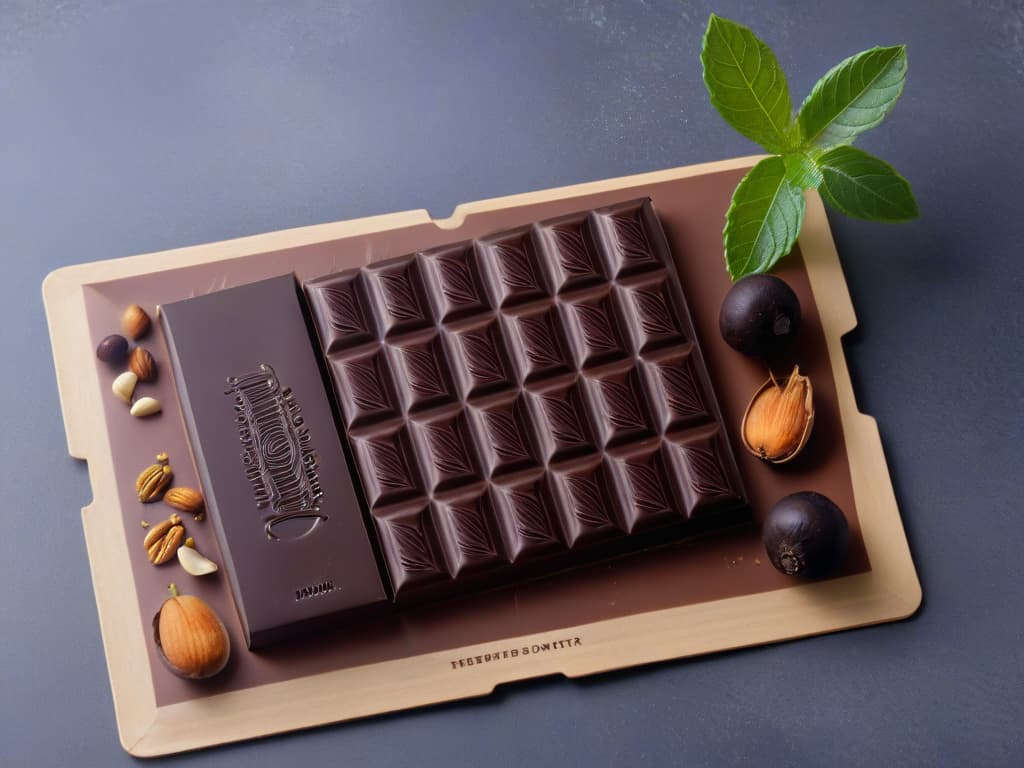  A photorealistic image of a luxurious dark chocolate bar with intricate vegan ingredients such as nuts, seeds, and berries beautifully arranged on a sleek, modern marble countertop. The chocolate bar is elegantly wrapped in sustainable, ecofriendly packaging with vibrant botanical designs, exuding an air of sophistication and ethical consumption. The lighting is soft and highlights the rich texture and deep color of the dark chocolate, inviting the viewer to indulge in the sensory experience of choosing highquality vegan dark chocolate. hyperrealistic, full body, detailed clothing, highly detailed, cinematic lighting, stunningly beautiful, intricate, sharp focus, f/1. 8, 85mm, (centered image composition), (professionally color graded), ((bright soft diffused light)), volumetric fog, trending on instagram, trending on tumblr, HDR 4K, 8K