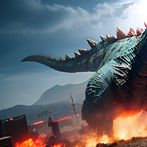 redshift style godzilla hyperrealistic, full body, detailed clothing, highly detailed, cinematic lighting, stunningly beautiful, intricate, sharp focus, f/1. 8, 85mm, (centered image composition), (professionally color graded), ((bright soft diffused light)), volumetric fog, trending on instagram, trending on tumblr, HDR 4K, 8K