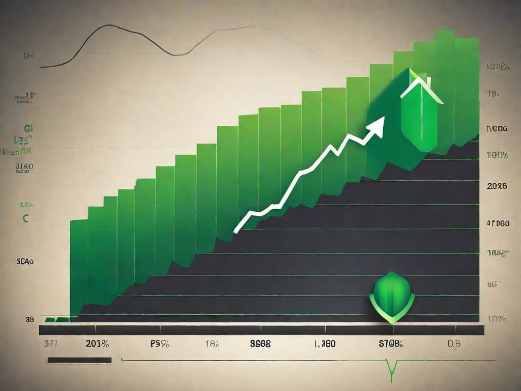  A soaring stock price chart with a green upward arrow, symbolizing the 15% surge, against a backdrop of the Casas Bahia logo and a faint silhouette of the Ibovespa index. digital art, ilustration, no flares, clean hyperrealistic, full body, detailed clothing, highly detailed, cinematic lighting, stunningly beautiful, intricate, sharp focus, f/1. 8, 85mm, (centered image composition), (professionally color graded), ((bright soft diffused light)), volumetric fog, trending on instagram, trending on tumblr, HDR 4K, 8K