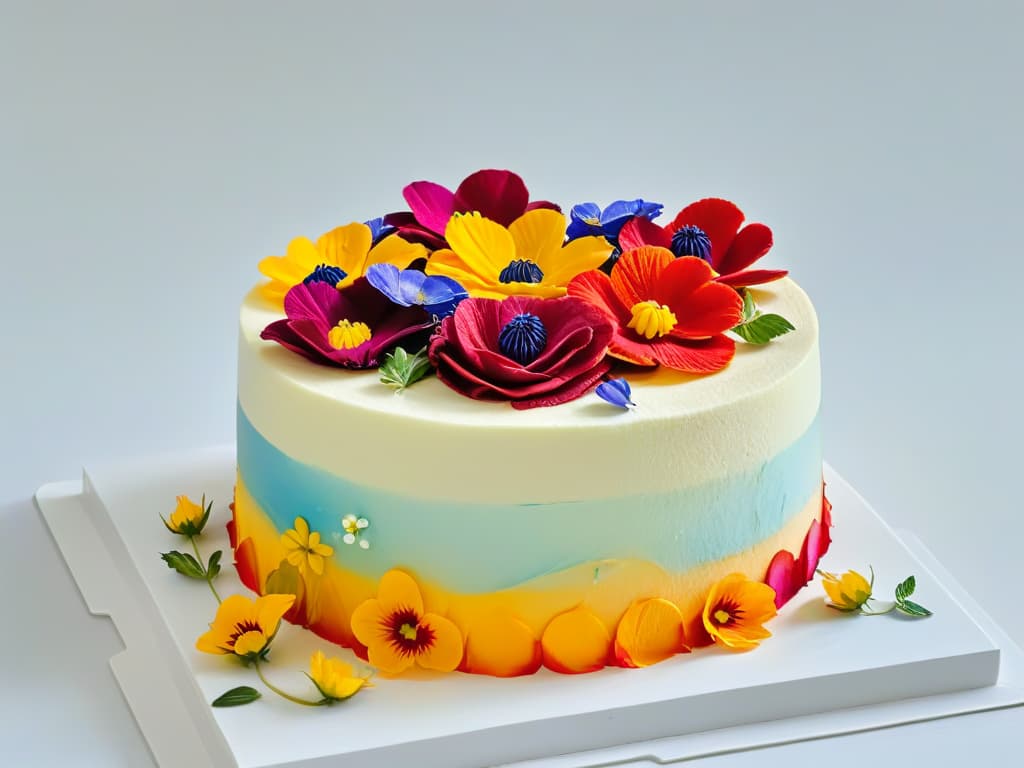  A closeup, highresolution image of a vibrant, multilayered rainbow cake topped with delicate edible flowers, against a clean white background. The cake is perfectly sliced to reveal the colorful layers inside, showcasing a gradient of hues that are visually captivating and enticing. hyperrealistic, full body, detailed clothing, highly detailed, cinematic lighting, stunningly beautiful, intricate, sharp focus, f/1. 8, 85mm, (centered image composition), (professionally color graded), ((bright soft diffused light)), volumetric fog, trending on instagram, trending on tumblr, HDR 4K, 8K