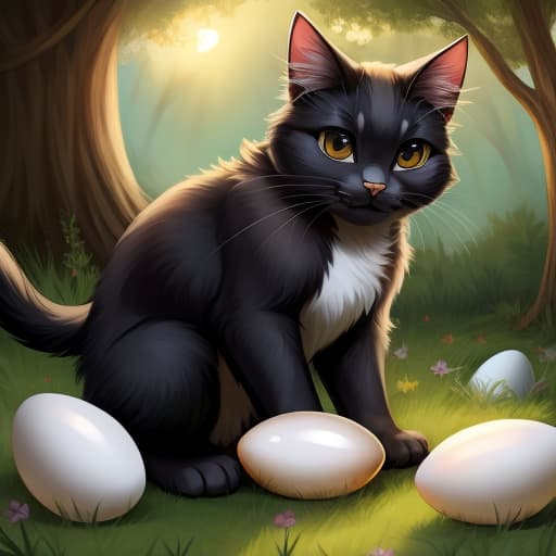  cat, egg, oviposition, black, open eyes, digital art, masterpiece, 4k, fine details,