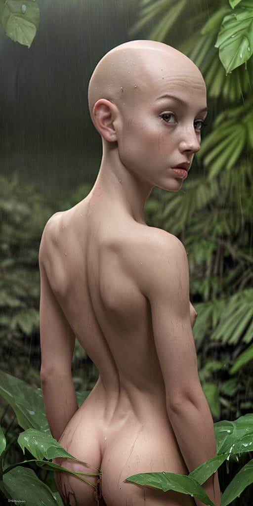  bald-girl, naked, dirty, with her back, in the jungle, it's raining, looking at me