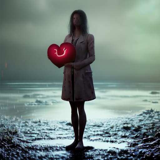 redshift style A sad woman standing in a rain puddle crying, holding a heart in hand