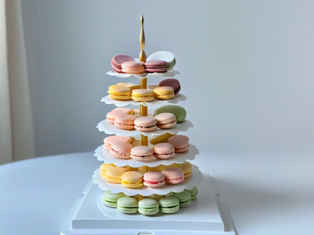  A closeup, ultradetailed image of a delicate French macaron tower, showcasing a variety of pastel colors and intricate details on the smooth, glossy surface. Each macaron is perfectly piped and filled, exuding a sense of elegance and precision. The background is a soft, neutral shade to make the colors of the macarons pop, and the image is captured with such clarity that every tiny speck of sugar and shimmer is visible. This minimalist yet visually captivating image embodies the essence of international pastry artistry. hyperrealistic, full body, detailed clothing, highly detailed, cinematic lighting, stunningly beautiful, intricate, sharp focus, f/1. 8, 85mm, (centered image composition), (professionally color graded), ((bright soft diffused light)), volumetric fog, trending on instagram, trending on tumblr, HDR 4K, 8K