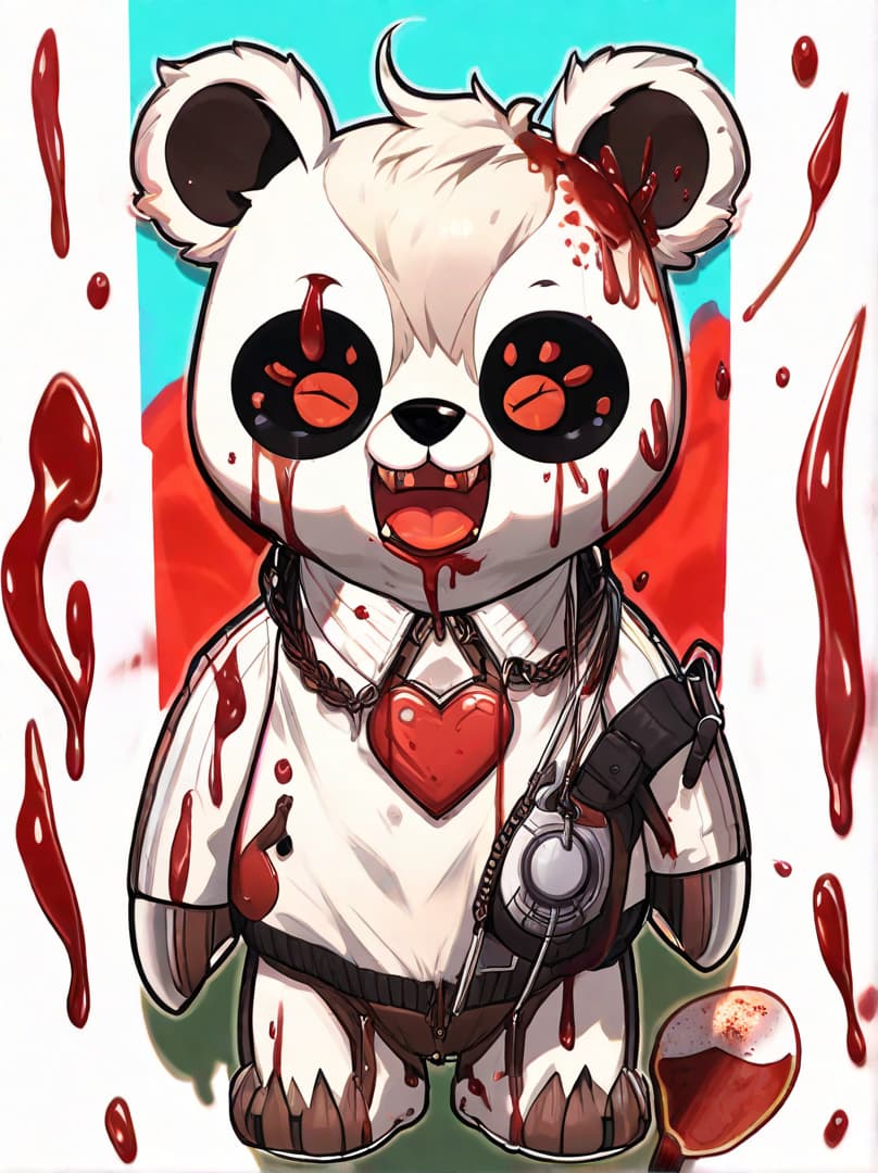  , a cute guilt robot bear, sticker, akira toriyama , white background,murder bear, bloody , dripping blood,bloody trump head on ground<lora:halloween-makeup:0.9380552704105101><lora:illustration-style:0.4697464009479265><lora:rionrtlora:0.28589246646300737><lora:margiela-ss24:0.35833211775159257> hyperrealistic, full body, detailed clothing, highly detailed, cinematic lighting, stunningly beautiful, intricate, sharp focus, f/1. 8, 85mm, (centered image composition), (professionally color graded), ((bright soft diffused light)), volumetric fog, trending on instagram, trending on tumblr, HDR 4K, 8K