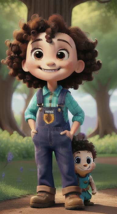  {The tree with a smiling face formed by its bark, looking down at Riley., Riley, a curious with big brown eyes and curly hair, wearing overalls and carrying a small backpack. Their friend, Skye, a bluebird with shiny feathers.