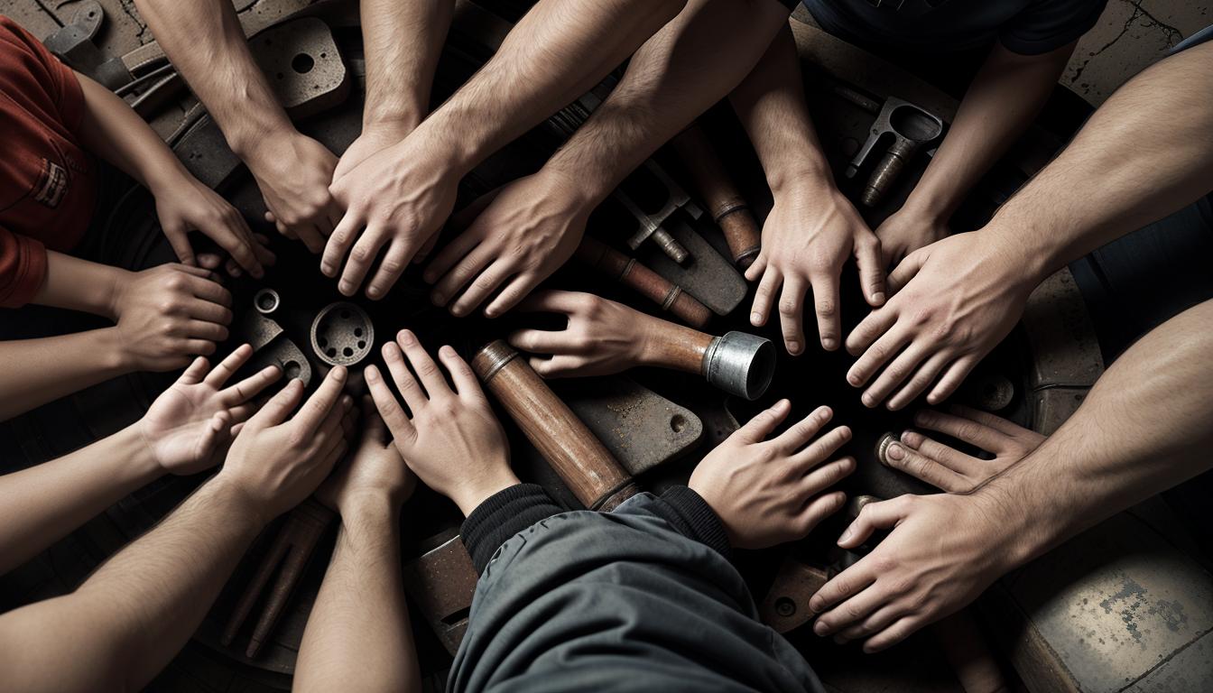  digital illustration, a broken pipe and toolbox at the center, with two pairs of hands (one male and one female) reaching in from either side, collaborative, clear and detailed, looking at viewer, dynamic pose, (intricate details, masterpiece, best quality)