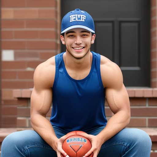  male college athlete in a jeans and tank top, wearing a red ball cap and
 smiling