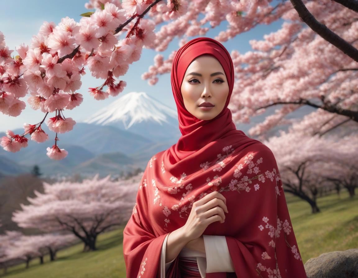  A digital art portrait of a woman with a red headscarf, cherry blossoms in her hair, and serene landscape in the background. hyperrealistic, full body, detailed clothing, highly detailed, cinematic lighting, stunningly beautiful, intricate, sharp focus, f/1. 8, 85mm, (centered image composition), (professionally color graded), ((bright soft diffused light)), volumetric fog, trending on instagram, trending on tumblr, HDR 4K, 8K