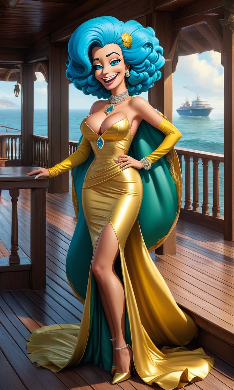  nautical themed Character Marge Simpson, concept art, with voluminous blue hair, smiling, showing teeth, wearing a long golden evening gown, carrying a diamond necklace, standing on the porch of a house, 2D, anime, extremely hyper detailed clothing (extremely detailed face), (masterpiece: 1.4), (perfect eyes: 1.1), (deep green colored eyes). . sea, ocean, ships, maritime, beach, marine life, highly detailed hyperrealistic, full body, detailed clothing, highly detailed, cinematic lighting, stunningly beautiful, intricate, sharp focus, f/1. 8, 85mm, (centered image composition), (professionally color graded), ((bright soft diffused light)), volumetric fog, trending on instagram, trending on tumblr, HDR 4K, 8K