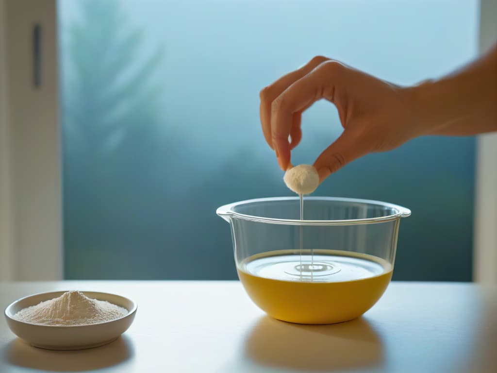  An ultradetailed closeup image of a hand carefully pouring a precise amount of flour into a sleek, modern measuring cup, with the flour suspended midair, illuminated by soft natural light filtering through a nearby window. hyperrealistic, full body, detailed clothing, highly detailed, cinematic lighting, stunningly beautiful, intricate, sharp focus, f/1. 8, 85mm, (centered image composition), (professionally color graded), ((bright soft diffused light)), volumetric fog, trending on instagram, trending on tumblr, HDR 4K, 8K