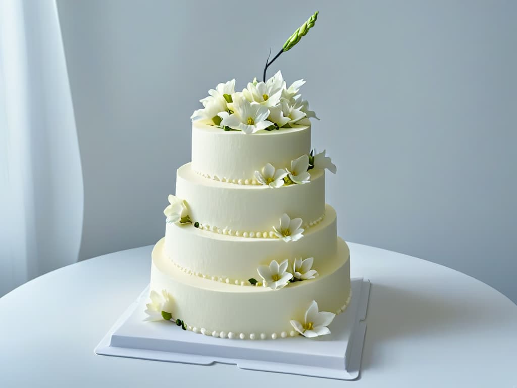  An elegant and minimalistic image of a tiered wedding cake adorned with delicate white flowers, set against a softfocus background to highlight the intricate details of the confection. The cake is displayed on a sleek modern stand, casting a subtle shadow, emphasizing its importance as a centerpiece in wedding celebrations around the world. hyperrealistic, full body, detailed clothing, highly detailed, cinematic lighting, stunningly beautiful, intricate, sharp focus, f/1. 8, 85mm, (centered image composition), (professionally color graded), ((bright soft diffused light)), volumetric fog, trending on instagram, trending on tumblr, HDR 4K, 8K