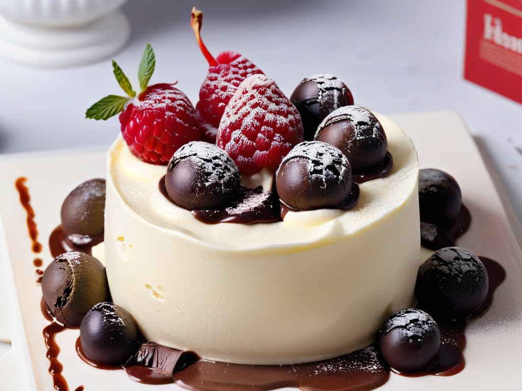  A closeup, ultradetailed image of a creamy scoop of artisanal homemade gelato resting on a chilled marble slab, adorned with fresh ripe raspberries and a drizzle of rich dark chocolate sauce. The gelato is perfectly smooth, with small vanilla bean specks visible, and the raspberries glisten with natural juices, creating a visually striking and mouthwatering composition. The soft lighting enhances the textures, colors, and overall elegance of this luxurious homemade gelato treat. hyperrealistic, full body, detailed clothing, highly detailed, cinematic lighting, stunningly beautiful, intricate, sharp focus, f/1. 8, 85mm, (centered image composition), (professionally color graded), ((bright soft diffused light)), volumetric fog, trending on instagram, trending on tumblr, HDR 4K, 8K