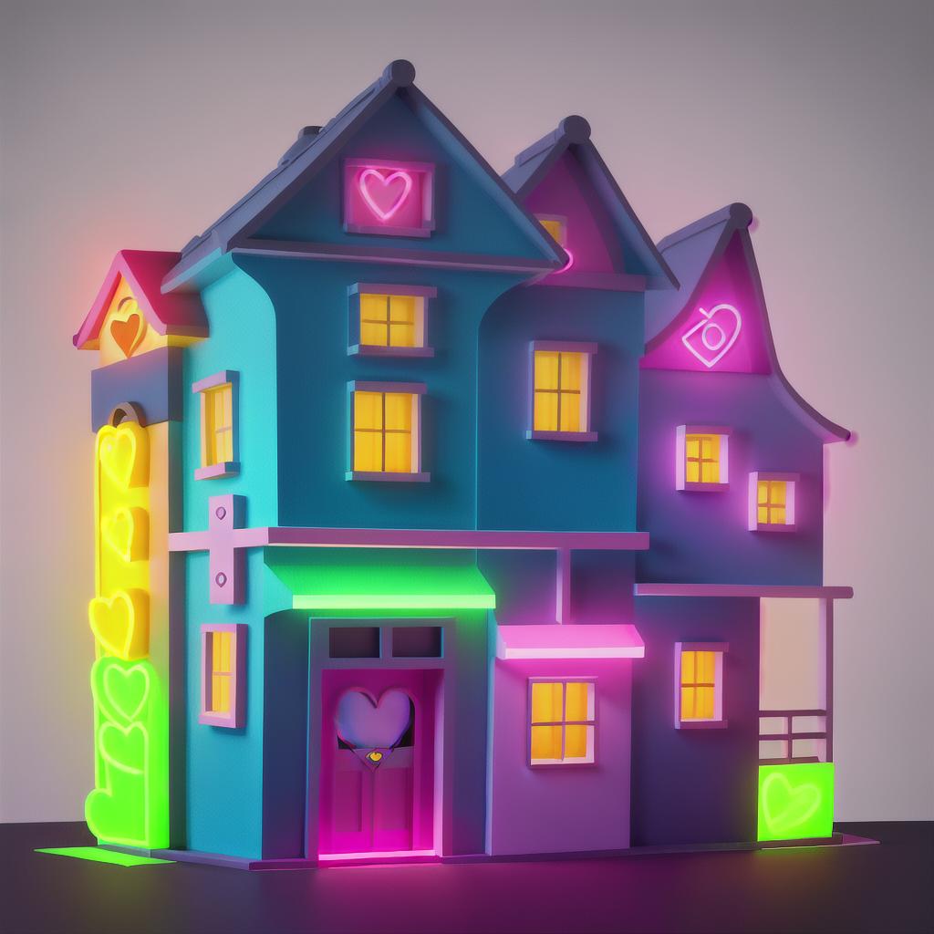  masterpiece, best quality, two dimensional drawing, undetailed, one-line drawing, neon illustration style, very simple, undetailed neon house with a heart drawing, neon details only, no background images, few details, all captured in stunning 8k resolution, bright colors, dark background