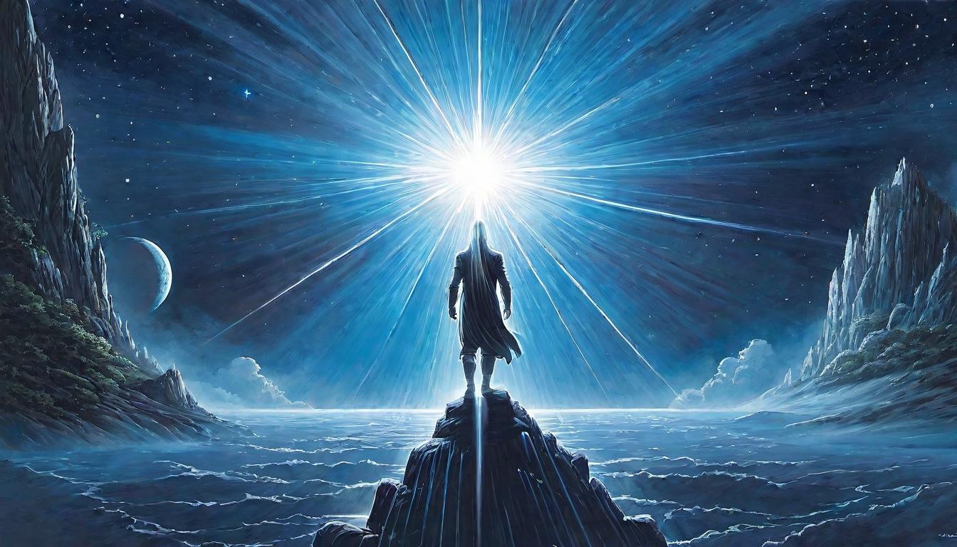  （surrealism)Radiant figure, brilliant white light spreading outward, cosmic backdrop, divine presence, willpower, eternal purpose mystic, intricate details, best quality)