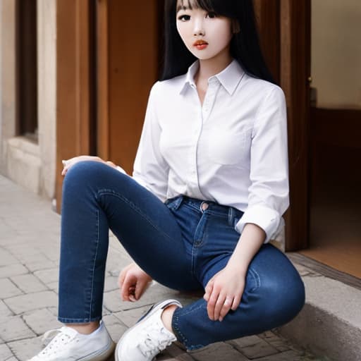  oriental girl cut long black hair she in dark deep blue jeans and classic white shirt nature east ornament