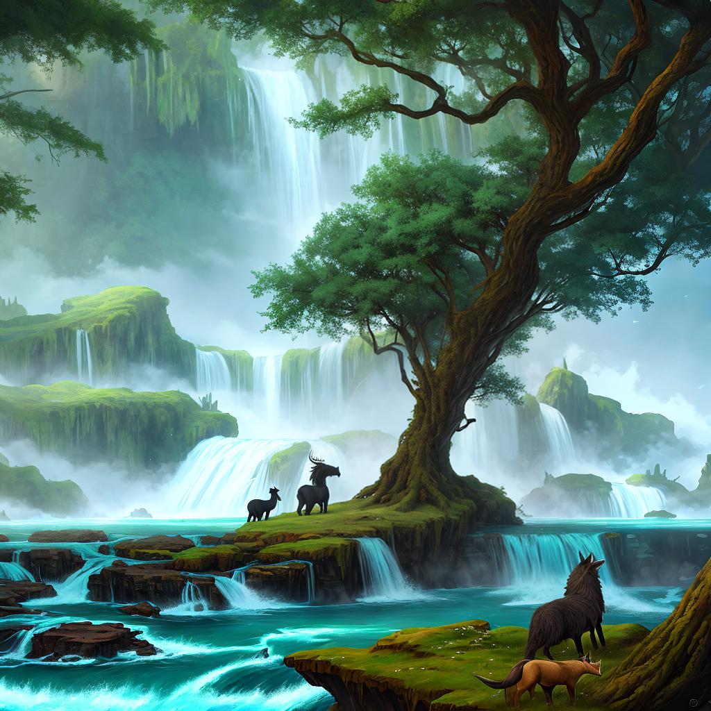  in a fantasy setting, Paint a surreal landscape where mythical beasts roam amidst cascading waterfalls.