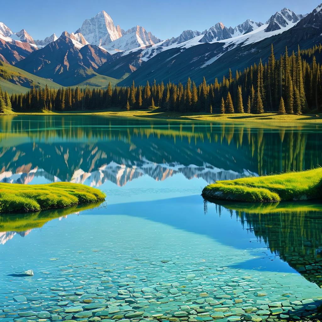  as a painting, Convey the serene majesty of towering mountains reflected in the crystal clear waters of a tranquil alpine lake, using your unique artistic vision to evoke a sense of awe and tranquility.