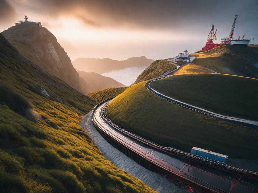  A roller coaster track with steep drops and climbs, against a backdrop of stock market graphs and oil rigs silhouetted on the horizon. digital art, ilustration, no flares, clean hyperrealistic, full body, detailed clothing, highly detailed, cinematic lighting, stunningly beautiful, intricate, sharp focus, f/1. 8, 85mm, (centered image composition), (professionally color graded), ((bright soft diffused light)), volumetric fog, trending on instagram, trending on tumblr, HDR 4K, 8K