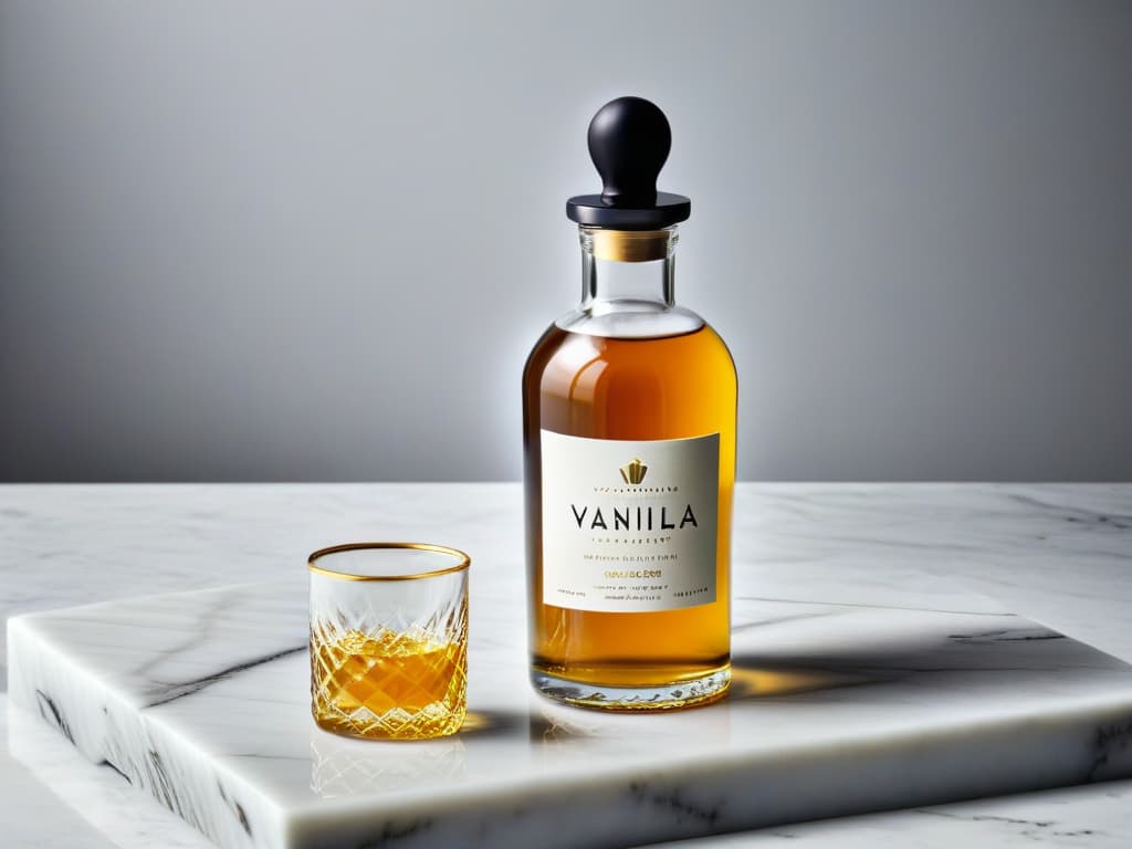  An intricately designed glass bottle filled with rich, golden vanilla extract, placed on a sleek marble countertop with soft, natural lighting illuminating the scene. The label on the bottle is elegantly simple, displaying the word "Vainilla" in a stylish font. The focus is sharp, capturing the fine details of the bottle and highlighting the luxurious essence of the premium natural extract. hyperrealistic, full body, detailed clothing, highly detailed, cinematic lighting, stunningly beautiful, intricate, sharp focus, f/1. 8, 85mm, (centered image composition), (professionally color graded), ((bright soft diffused light)), volumetric fog, trending on instagram, trending on tumblr, HDR 4K, 8K